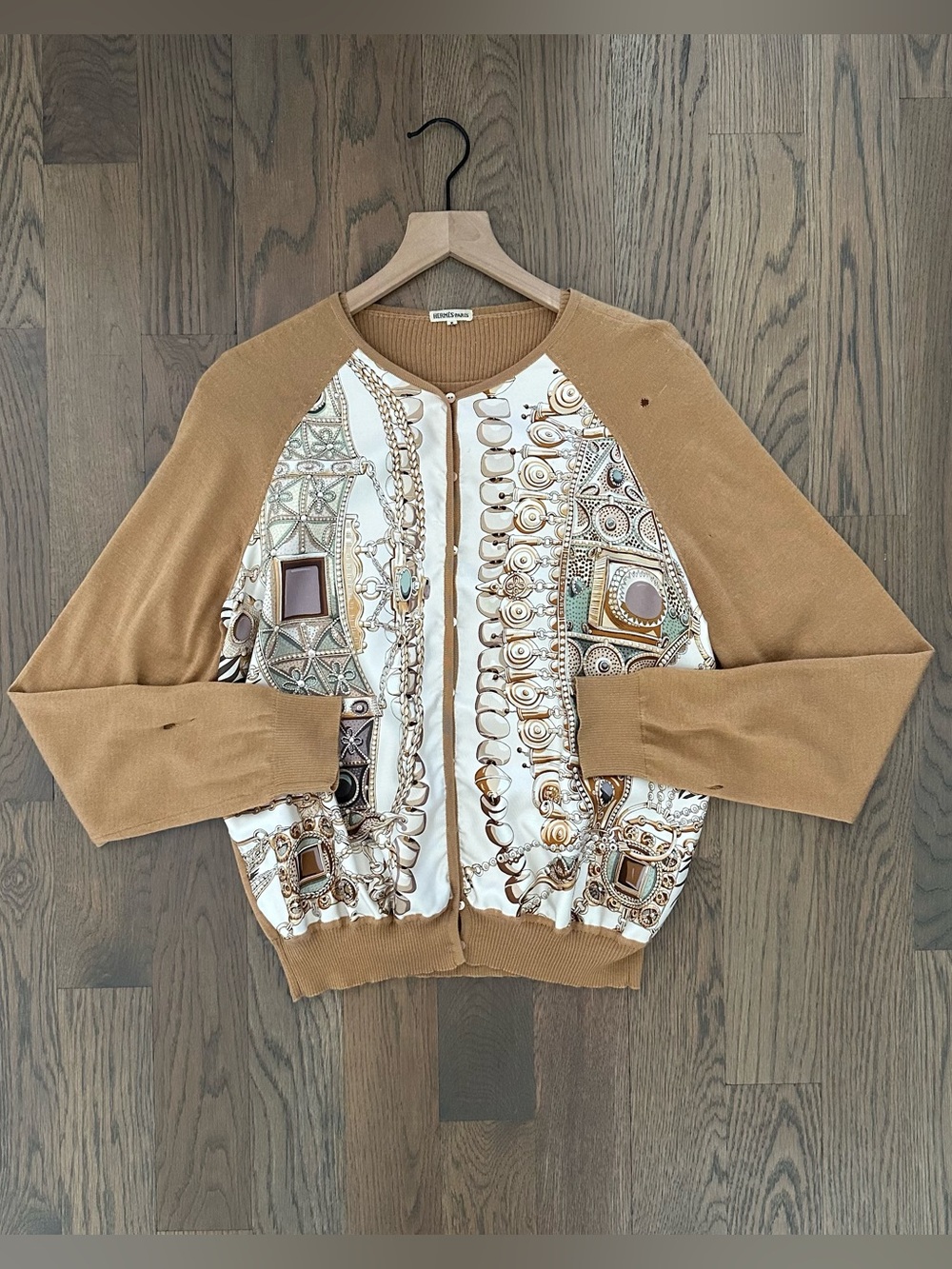 Vintage Hermes Silk and Cashmere Cardigan Twinset Camel Brown Multicolor XL